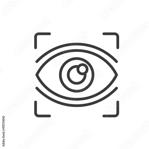 Eye focus optometry, icon in line design. Eye, focus, optometry, vision, test, examination, precision on white background vector. Eye focus optometry editable stroke icon