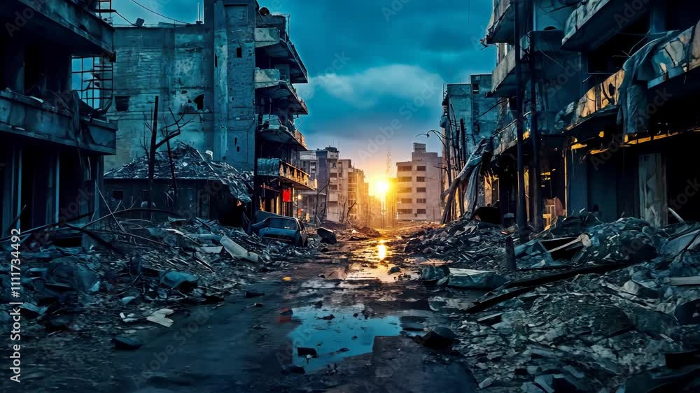 Sunlight casting shadows on a devastated city street Sunlight casting shadows on a devastated city street