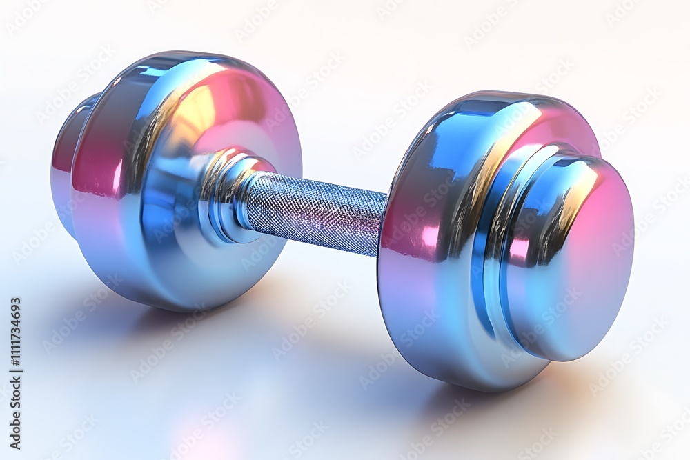A vibrant iridescent dumbbell, perfect for fitness and strength training, shown in a 3D render. A vibrant iridescent dumbbell, perfect for fitness and strength training, shown in a 3D render.