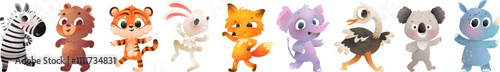 Animals characters playful collection for children. Bear fox ostrich elephant koala tiger and many other cheerful animals cartoons. Vector character illustration for kids, cartoon clip art collection