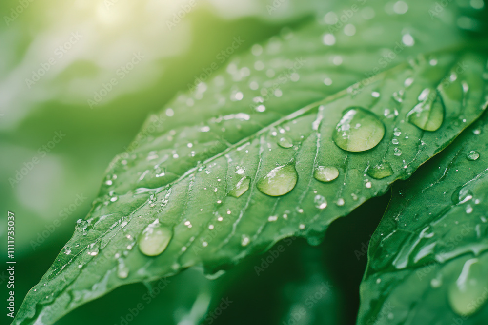 Fresh Green Leaves with Water Droplets in Sunlight Fresh Green Leaves with Water Droplets in Sunlight