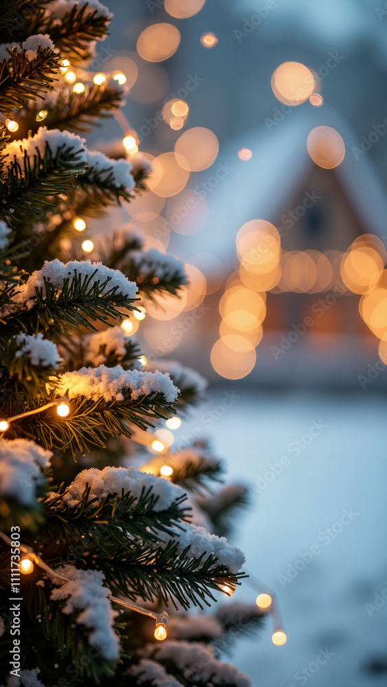 Enchanting Snowy Christmas Tree with Twinkling Lights: Perfect for Holiday Marketing, Greeting Cards, and Festive Designs Enchanting Snowy Christmas Tree with Twinkling Lights: Perfect for Holiday Marketing, Greeting Cards, and Festive Designs