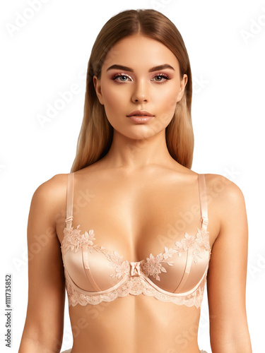 delicate rose gold lace bra made of semi-transparent tulle with floral lace embroidery in soft gold. The balconette cups are photo