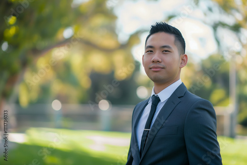 Confident young Asian male in formal suit outdoors photo