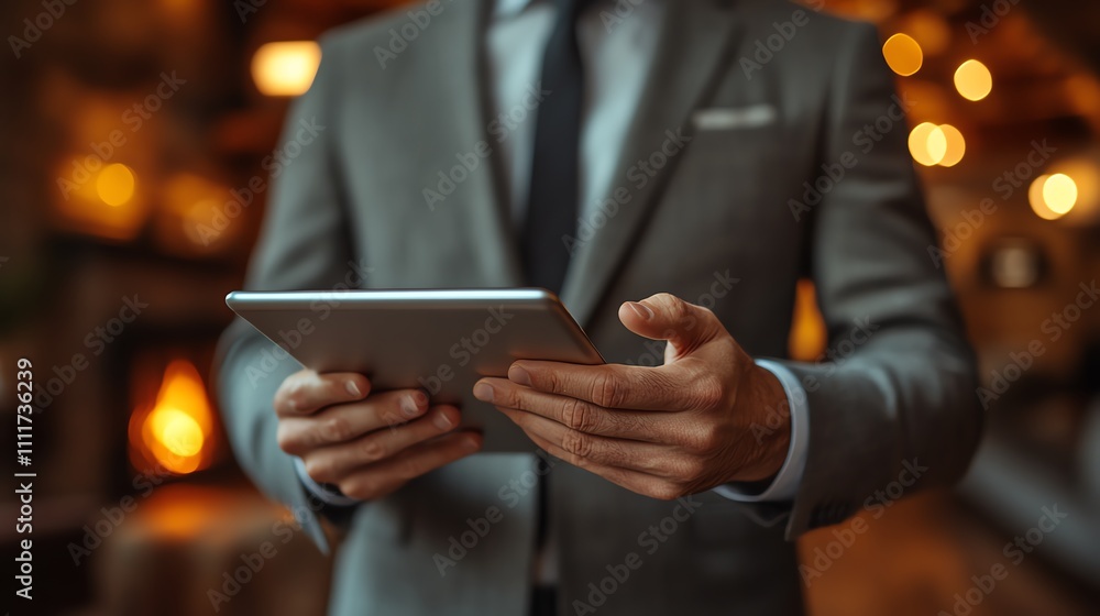 A businessman using a tablet in a modern, warm-lit environment. A businessman using a tablet in a modern, warm-lit environment.