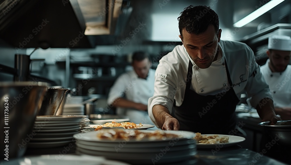 Chef Carefully Arranges Gourmet Dish Plates in a Professional Kitchen Setting, Culinary Expertise Demonstrated with Precision and Skill. Chef Carefully Arranges Gourmet Dish Plates in a Professional Kitchen Setting, Culinary Expertise Demonstrated with Precision and Skill.