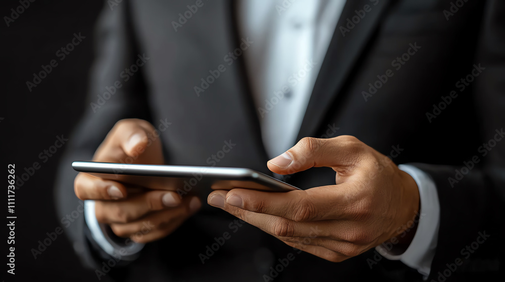 A businessman using a tablet, showcasing modern technology in a professional setting. A businessman using a tablet, showcasing modern technology in a professional setting.