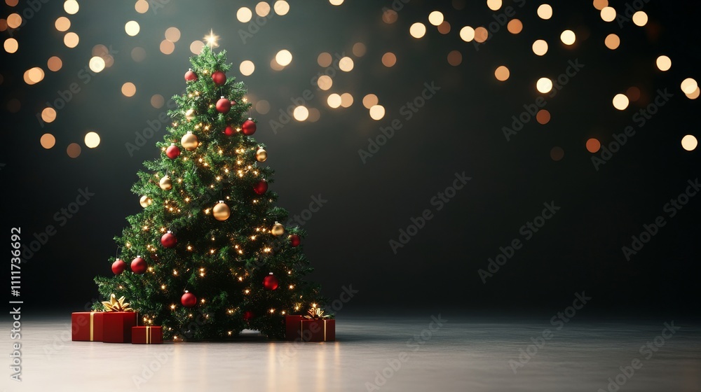 A Christmas tree with many ornaments sits in front of a wall with a few boxes A Christmas tree with many ornaments sits in front of a wall with a few boxes