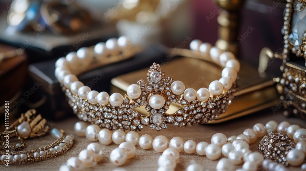 Elegant Antique Jewelry Display with Pearls and Sparkling Gems Elegant Antique Jewelry Display with Pearls and Sparkling Gems
