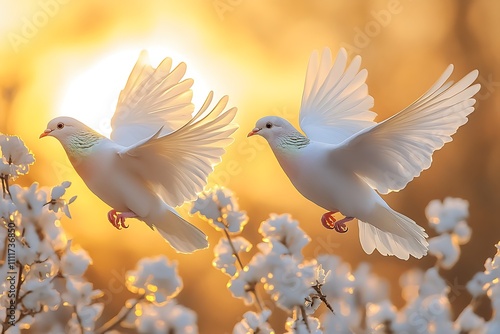 Two white doves in flight against a warm sunset sky, their wings spread wide, symbolizing peace and hope amidst a blooming springtime landscape. photo