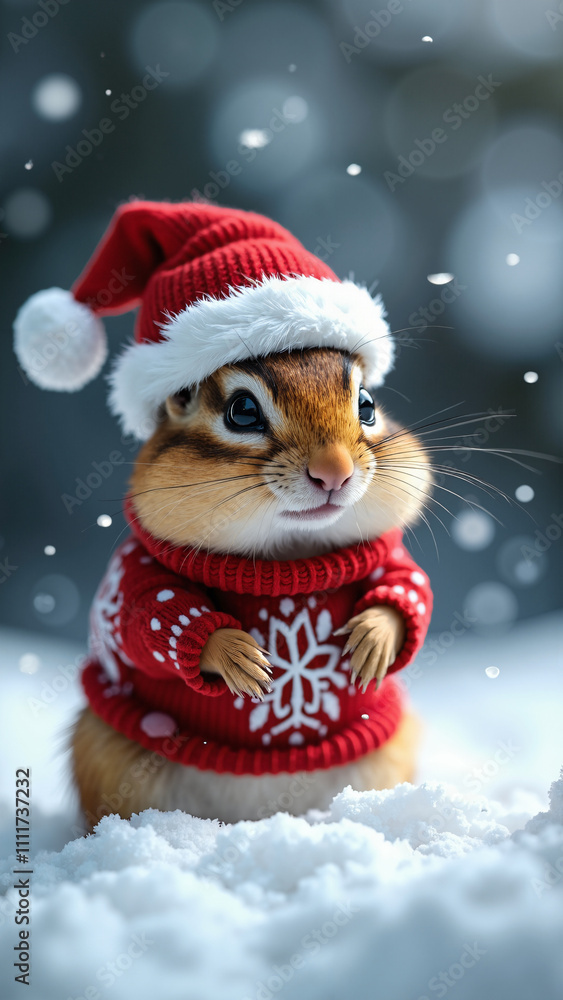 Festive Chipmunk in Santa Hat and Snowflake Sweater: Perfect for Holiday Cards, Winter Campaigns, and Seasonal Cheer Festive Chipmunk in Santa Hat and Snowflake Sweater: Perfect for Holiday Cards, Winter Campaigns, and Seasonal Cheer