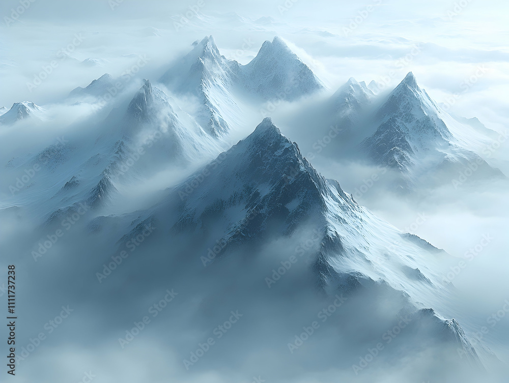 Obraz premium Majestic snow-capped mountain peaks shrouded in mist.