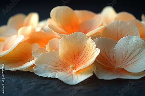 Delicate orange and white flower petals lie gracefully on a dark surface.