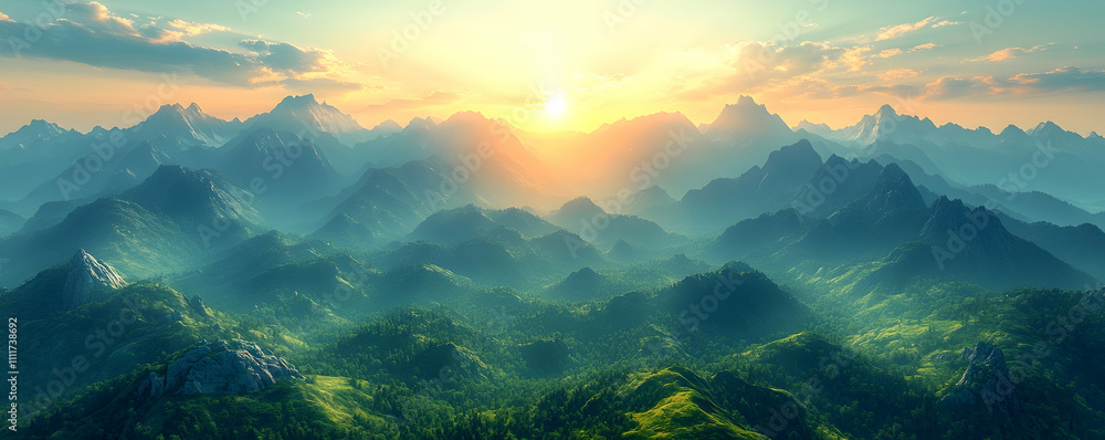 Majestic sunrise over misty mountain range.