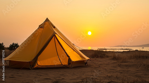 brightly colored tent at sunset on sandy beach, creating serene atmosphere