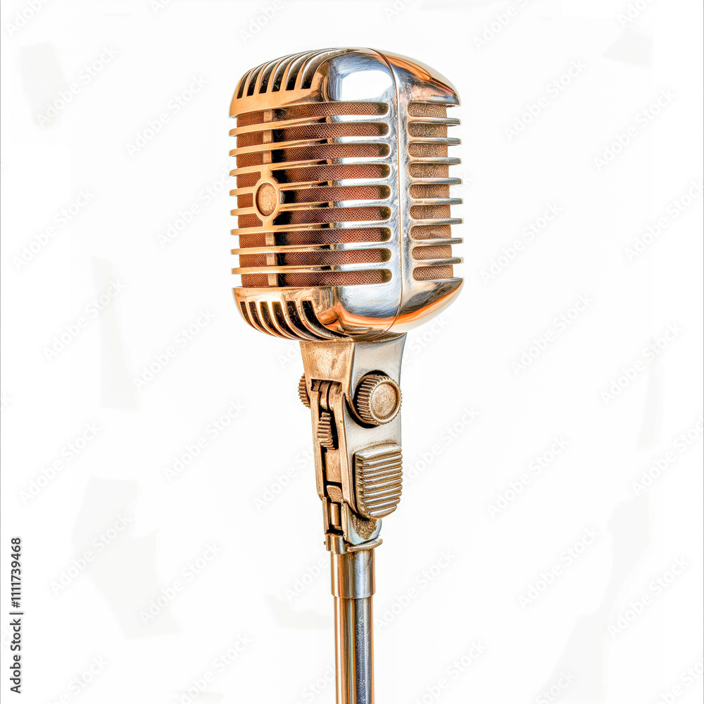 Fototapeta premium Vintage silver microphone on a stand reflecting retro music style