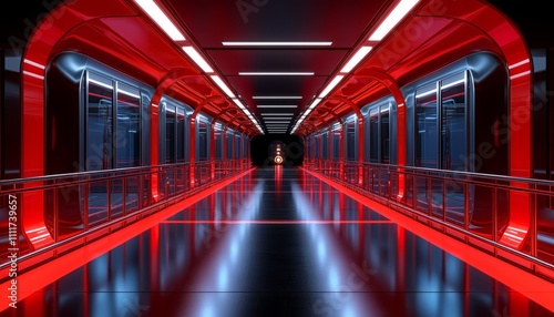 Futuristic Red Corridor With Illuminated Walls And Floor