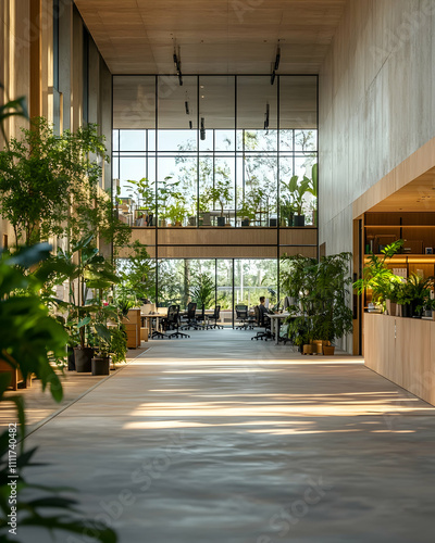 Modern office interior with large windows  plants  and wooden floors.