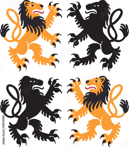 Vector drawing of heraldry lions. Gold and black monochrome lions. 