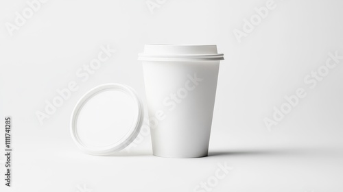 A white coffee cup with a white lid is floating in the air