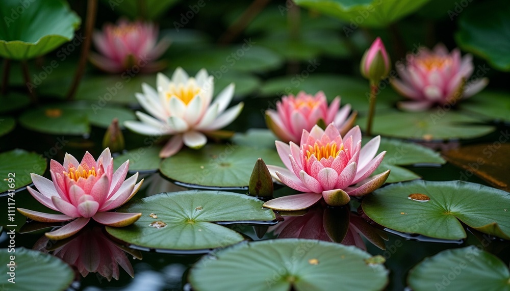 Vibrant water lilies blooming gracefully on a serene pond surrounded by lush green lily pads Vibrant water lilies blooming gracefully on a serene pond surrounded by lush green lily pads