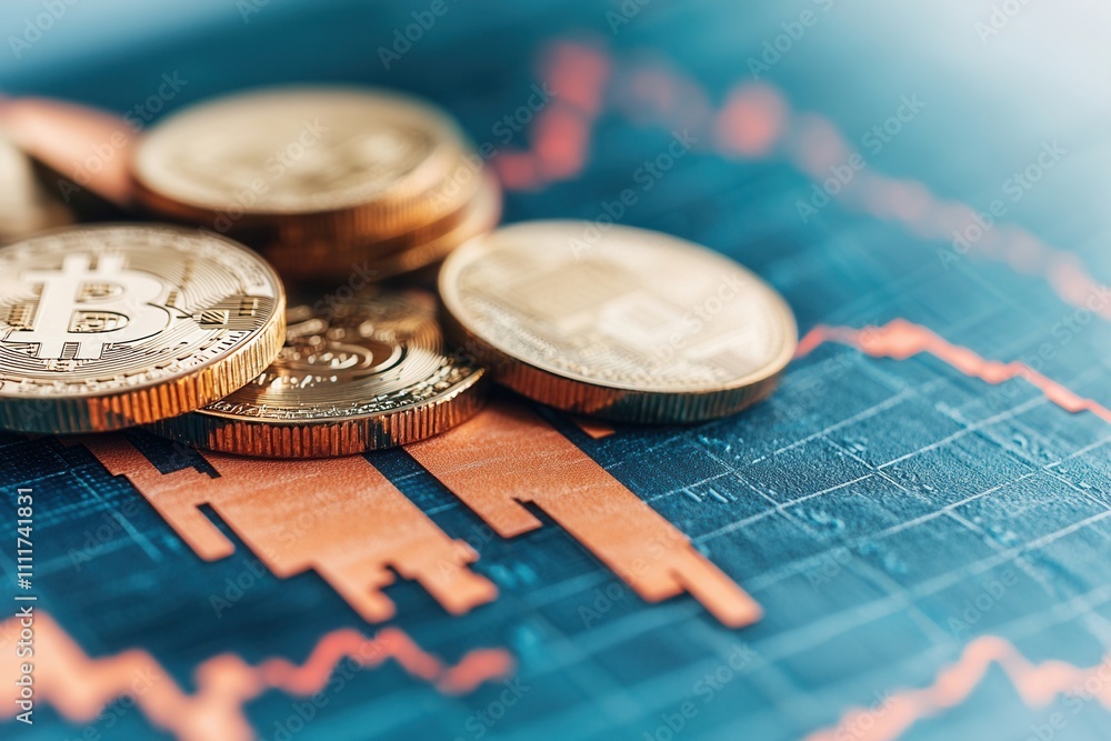 Inflation prices and policy, Cryptocurrency coins on financial chart background Inflation prices and policy, Cryptocurrency coins on financial chart background