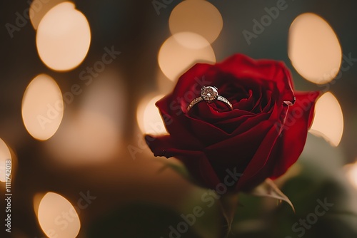 A Close-up of a Red Rose and Engagement Ring for Happy Valentine's Day photo