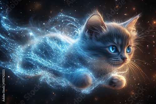 A magical kitten with piercing blue eyes flying through a starry cosmos. photo