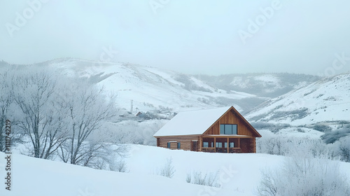 Wallpaper Mural A cozy cabin stands amidst a snowy landscape, surrounded by frosted trees and rolling hills under a soft gray sky Torontodigital.ca