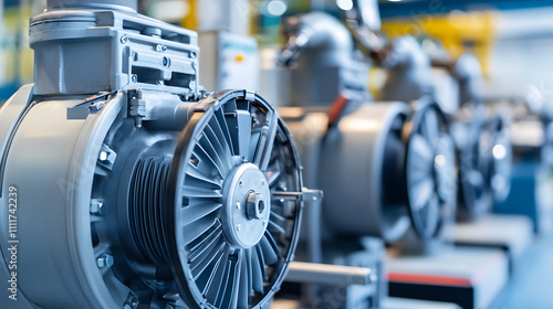 A close-up view of industrial motors lined up in a factory, showcasing their intricate design and engineering