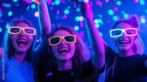 Kids enjoying a neon-themed party, wearing glowing glasses and smiling in a vibrant and colorful atmosphere.