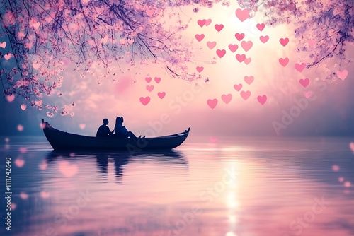 A Couple Enjoying a Romantic Boat Ride on a Calm Lake for Happy Valentine's Day photo