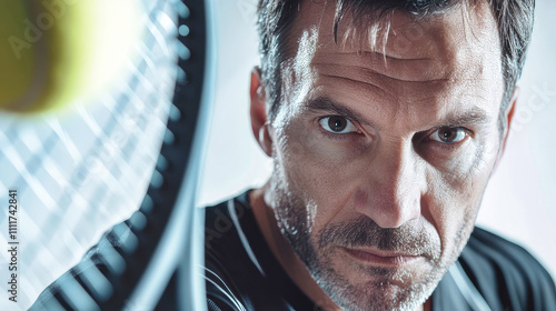 Focused middle-aged man playing tennis with racket, showcasing determination and skill in a rusticcore style against a white background photo