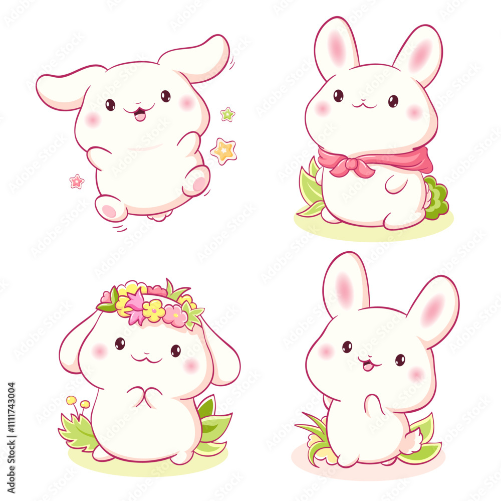 Set of little bunny in kawaii style. Tiny baby rabbits in multiple poses. Cute rabbit expression sheet collection. Can be used for t-shirt print, sticker, greeting card. Vector illustration EPS8 Set of little bunny in kawaii style. Tiny baby rabbits in multiple poses. Cute rabbit expression sheet collection. Can be used for t-shirt print, sticker, greeting card. Vector illustration EPS8