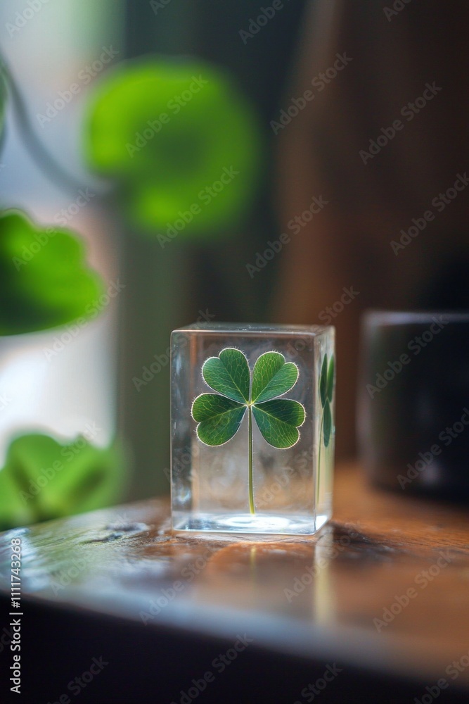 A tiny four-leaf clover encased in a clear resin cube, placed on a wooden desk. A tiny four-leaf clover encased in a clear resin cube, placed on a wooden desk.