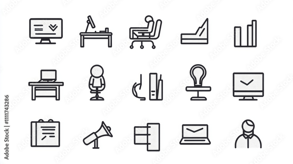 Line art icons set with hatching of management . Business work time, office job. Creative design vector illustration Line art icons set with hatching of management . Business work time, office job. Creative design vector illustration