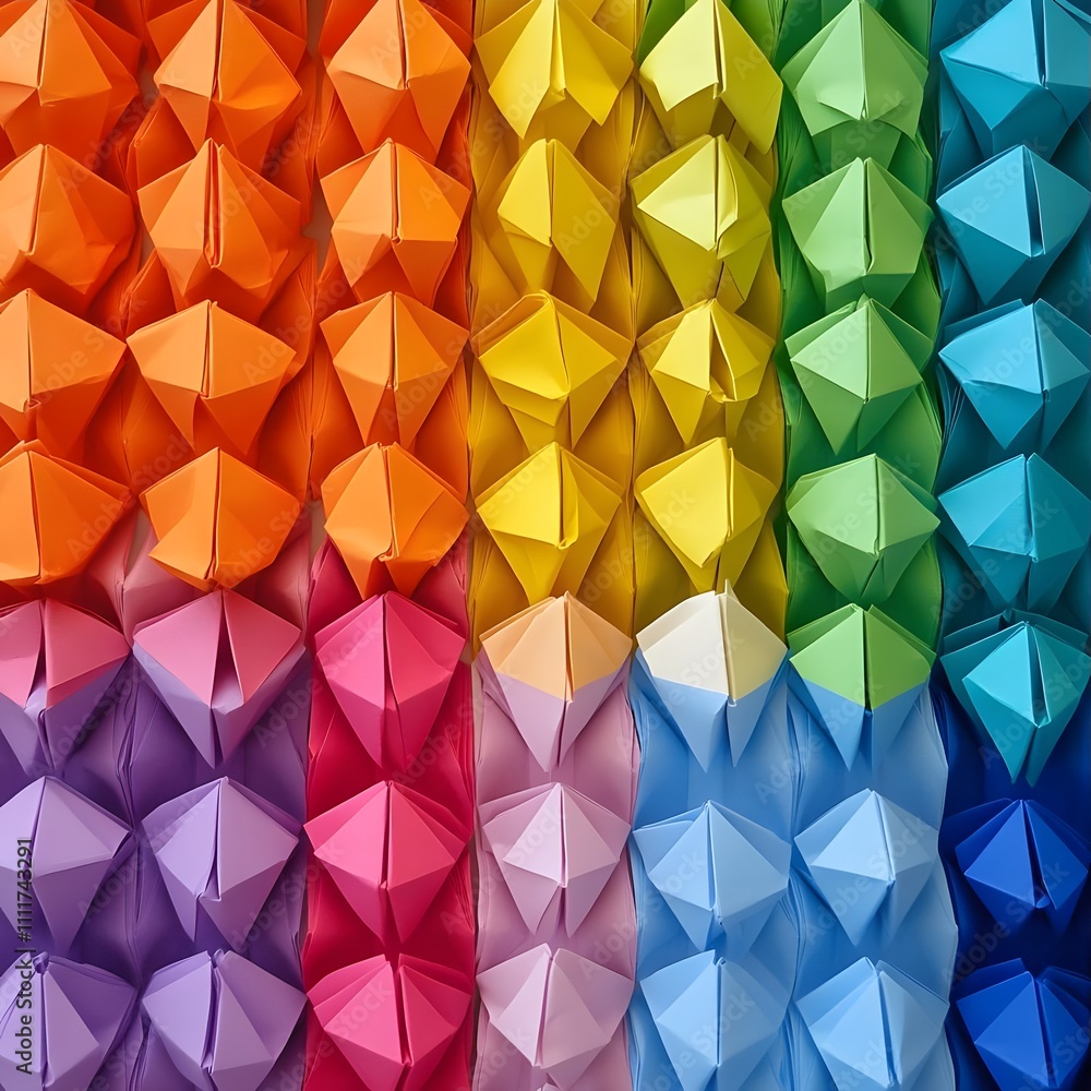 Obraz premium A vibrant display of colorful origami-like geometric shapes arranged in gradient patterns.
