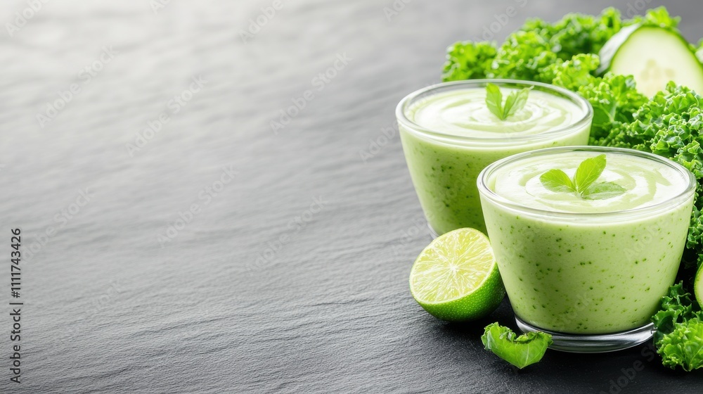 Fresh green smoothies made from kale and lime, garnished with mint, served in clear glasses on a dark surface. Fresh green smoothies made from kale and lime, garnished with mint, served in clear glasses on a dark surface.