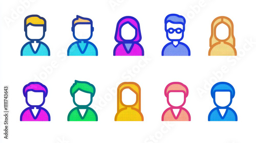 Colored icons with flat outer contour of management on the topic. Stylish icons combine flat style and style line art. Icons can be used for management, marketing, business and office concepts.