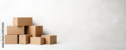 A collection of stacked cardboard boxes on a plain background, suggesting themes of storage, shipping, and organization. photo