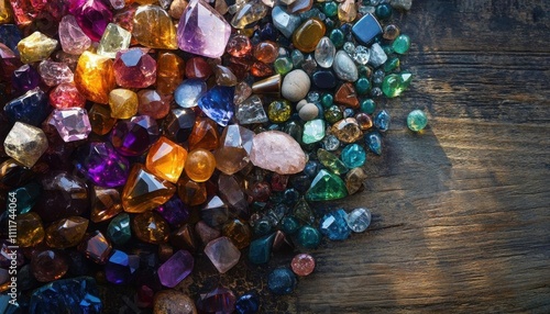 A colorful assortment of various gemstones and crystals on a wooden surface. photo