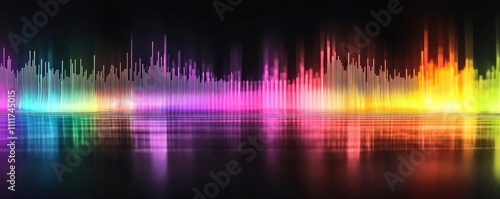 Colorful sound wave illustration on a dark background.