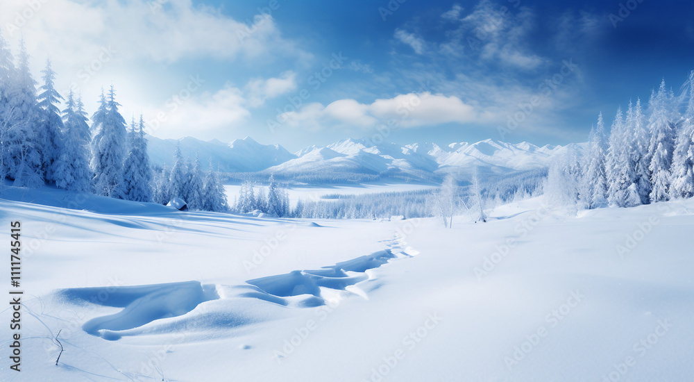 Winter wonderland landscape. Snowy mountains and forest. Concept of serenity, peace, and nature. Winter wonderland landscape. Snowy mountains and forest. Concept of serenity, peace, and nature.