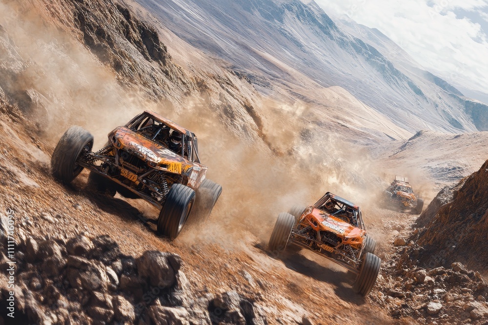 Off-road vehicles race dusty mountain path. Off-road vehicles race dusty mountain path.