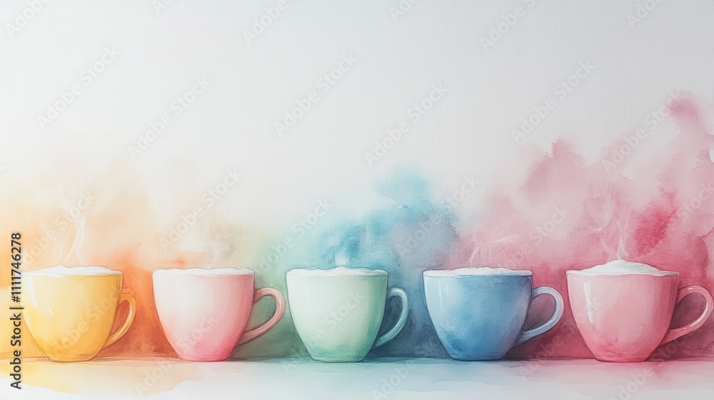 A colorful arrangement of steaming cups, creating a cozy and inviting atmosphere. A colorful arrangement of steaming cups, creating a cozy and inviting atmosphere.