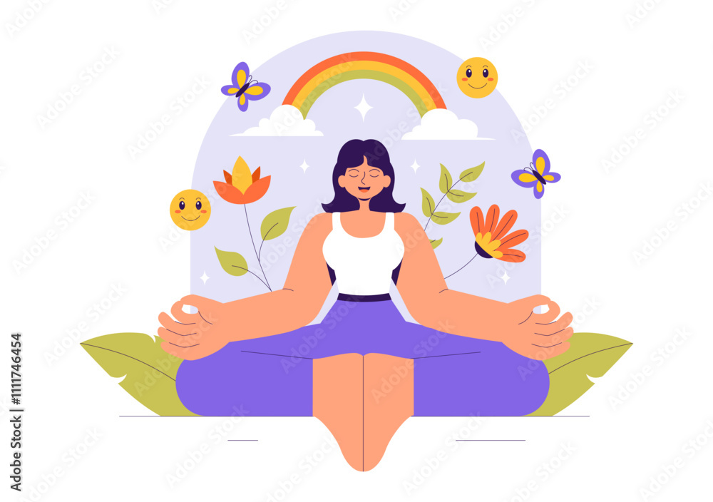 Self Healing Vector Illustration featuring a Woman Meditating and Restoring Mental Health and Inner Harmony through Yoga in a Flat Style Background Self Healing Vector Illustration featuring a Woman Meditating and Restoring Mental Health and Inner Harmony through Yoga in a Flat Style Background