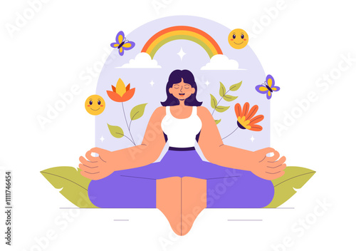 Self Healing Vector Illustration featuring a Woman Meditating and Restoring Mental Health and Inner Harmony through Yoga in a Flat Style Background