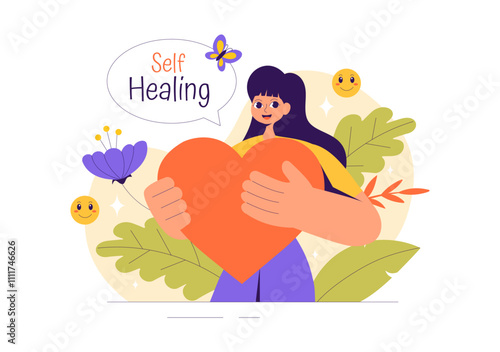 Self Healing Vector Illustration featuring a Woman Meditating and Restoring Mental Health and Inner Harmony through Yoga in a Flat Style Background