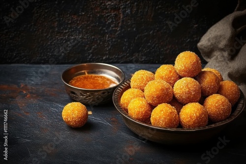 Indian sweet Motichoor laddoo is also known as Bundi Laddu or Motichur Laddoo which originated from very small Gram flour balls or Boondis which are deep fried.ai generative photo