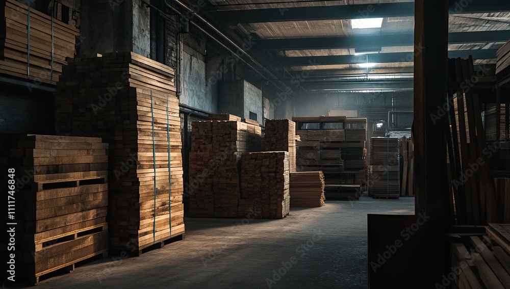 Industrial Lumber Warehouse Interior: Stacks of Wood in a Dark Factory Setting Industrial Lumber Warehouse Interior: Stacks of Wood in a Dark Factory Setting